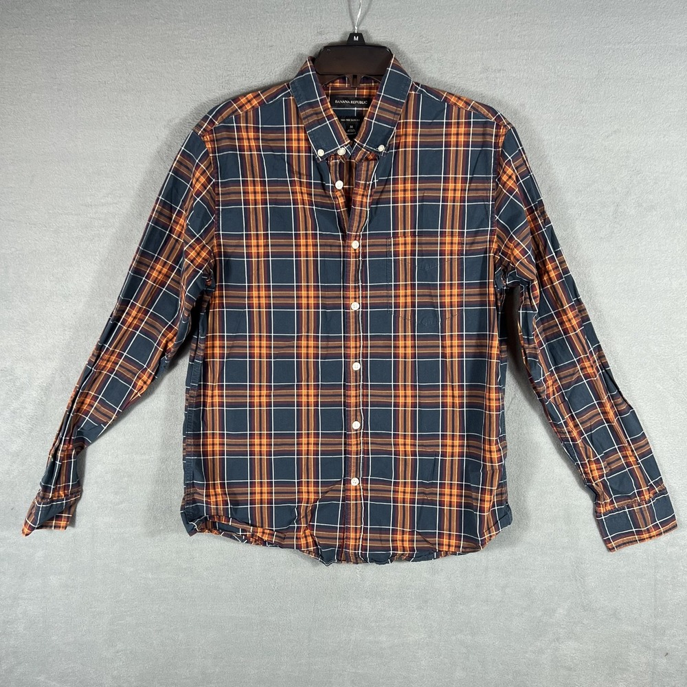 Banana Republic Men's M Untucked Slim Fit Plaid Button-Down Casual Shirt Navy